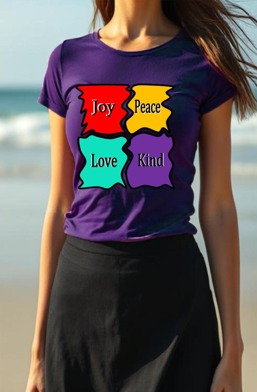 Joy, Peace, Love, Kind Christian Women's T-shirt, featuring 4 pieces of a puzzle.