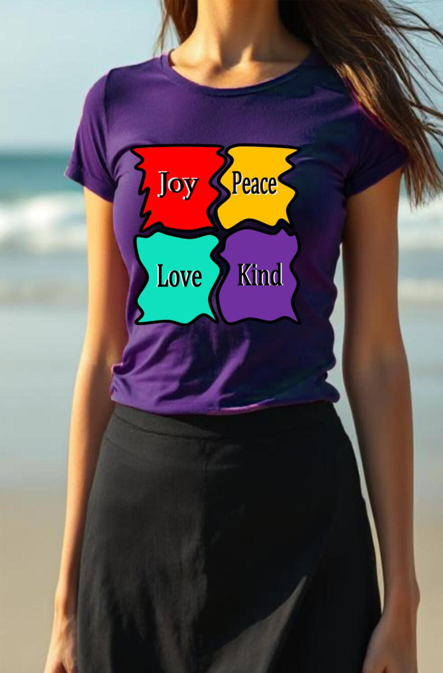Joy, Peace, Love, Kind Christian Women's T-shirt, featuring 4 pieces of a puzzle.