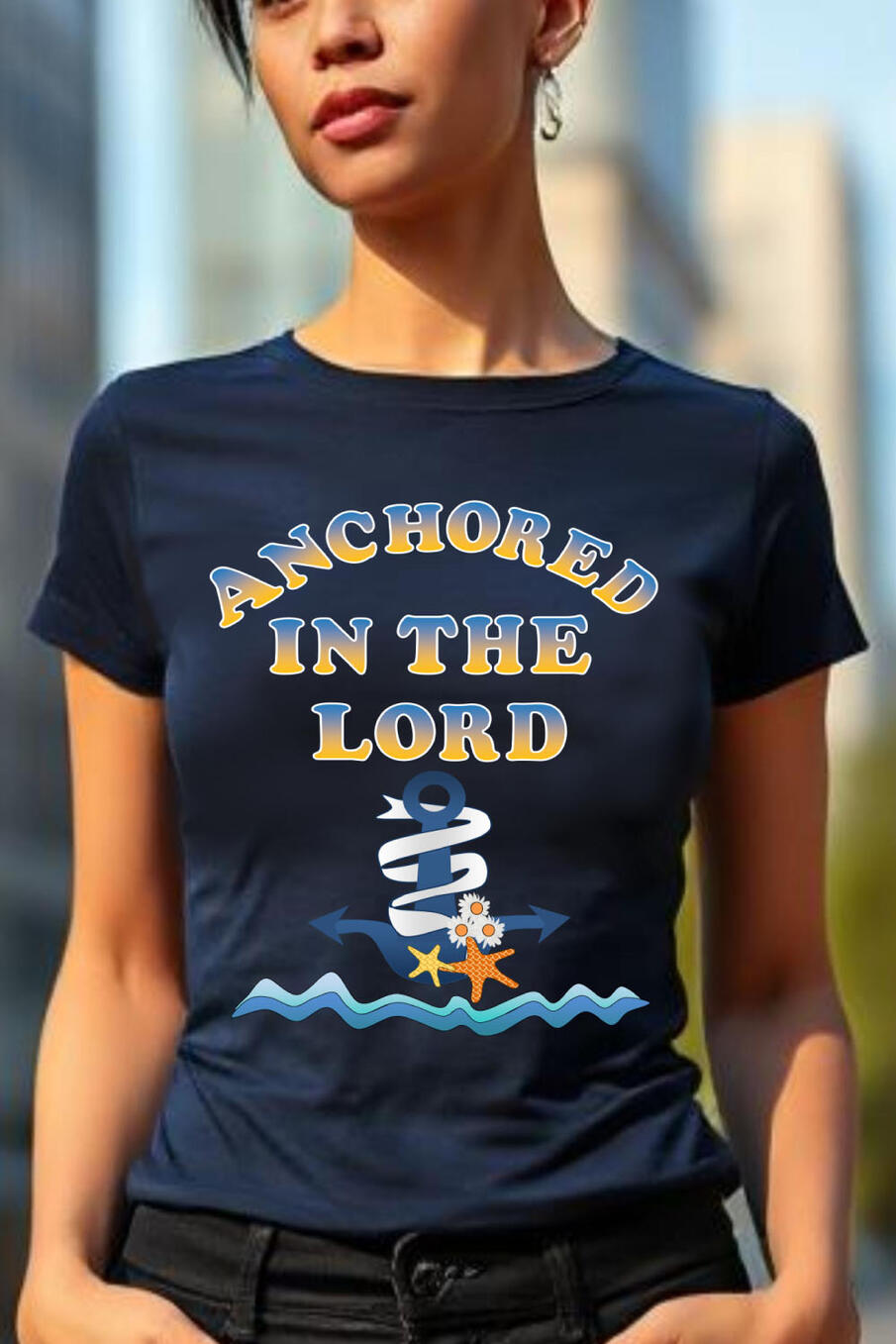 Anchored In The Lord Women's Christian T-shirt, featuring a boat anchor, starfish, and flowers.