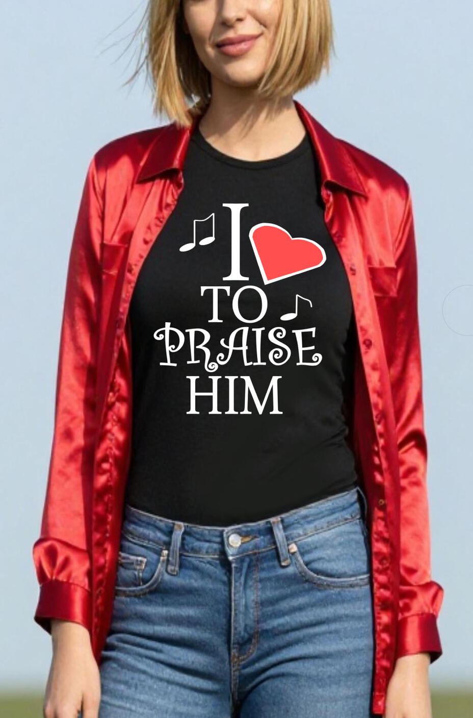 I Love To Praise HIm Women's Christian T-shirt, featuring a heart and music note.