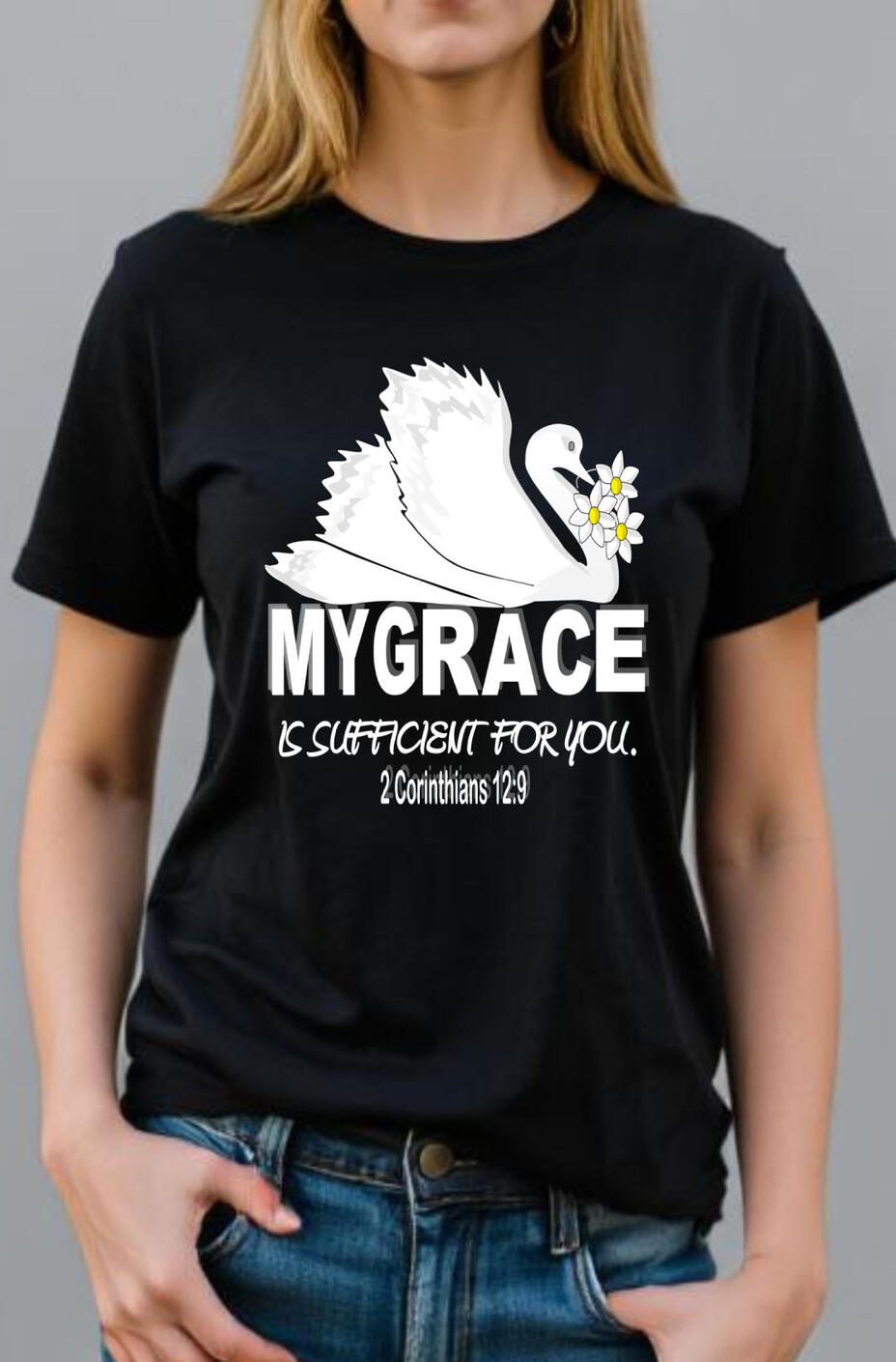 My Grace Is Sufficient For Thee Women's Christian T-shirt, featuring a white swan, and flowers .