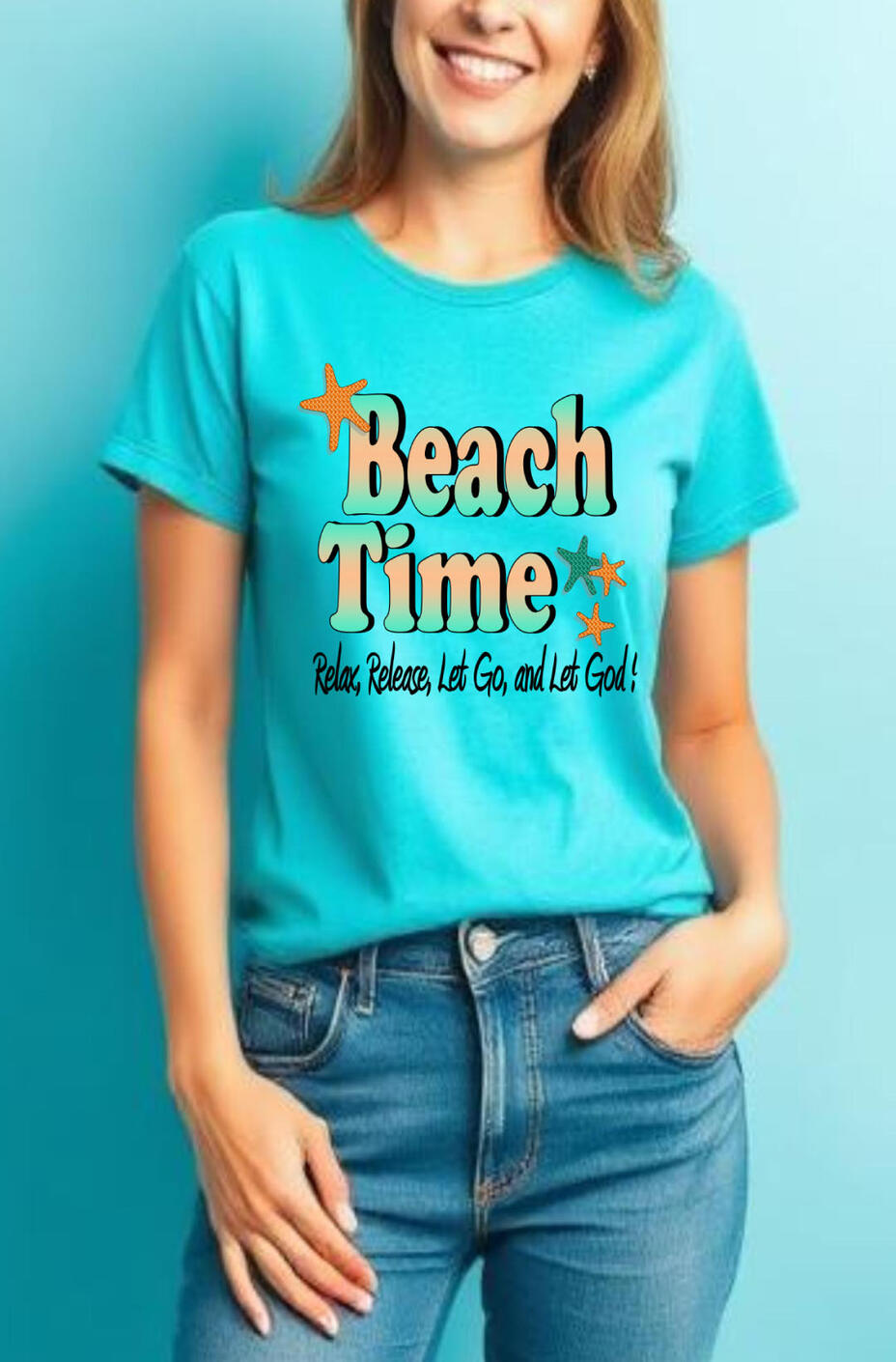 Beach Time Women's Christian T-shirt, featuring starfish.