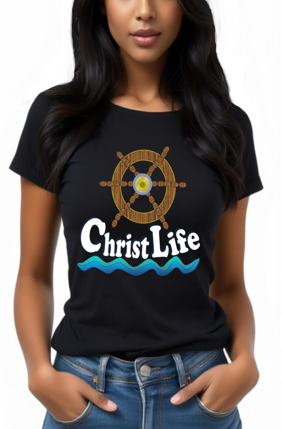 Christ Life Christian T-shirt. Featuring a nautical navigation wheel and a wave of water.