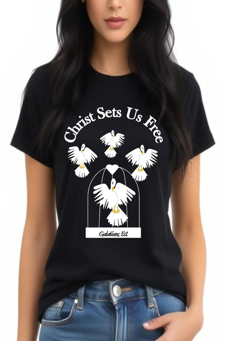 Christ Sets us Free Christian T-shirt, featuring 4 doves and a cage.