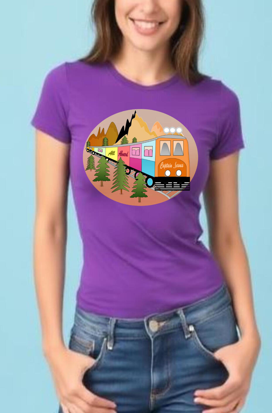 Captain Jesus Christian T-shirt, featuring a colorful train and mountain landscape.