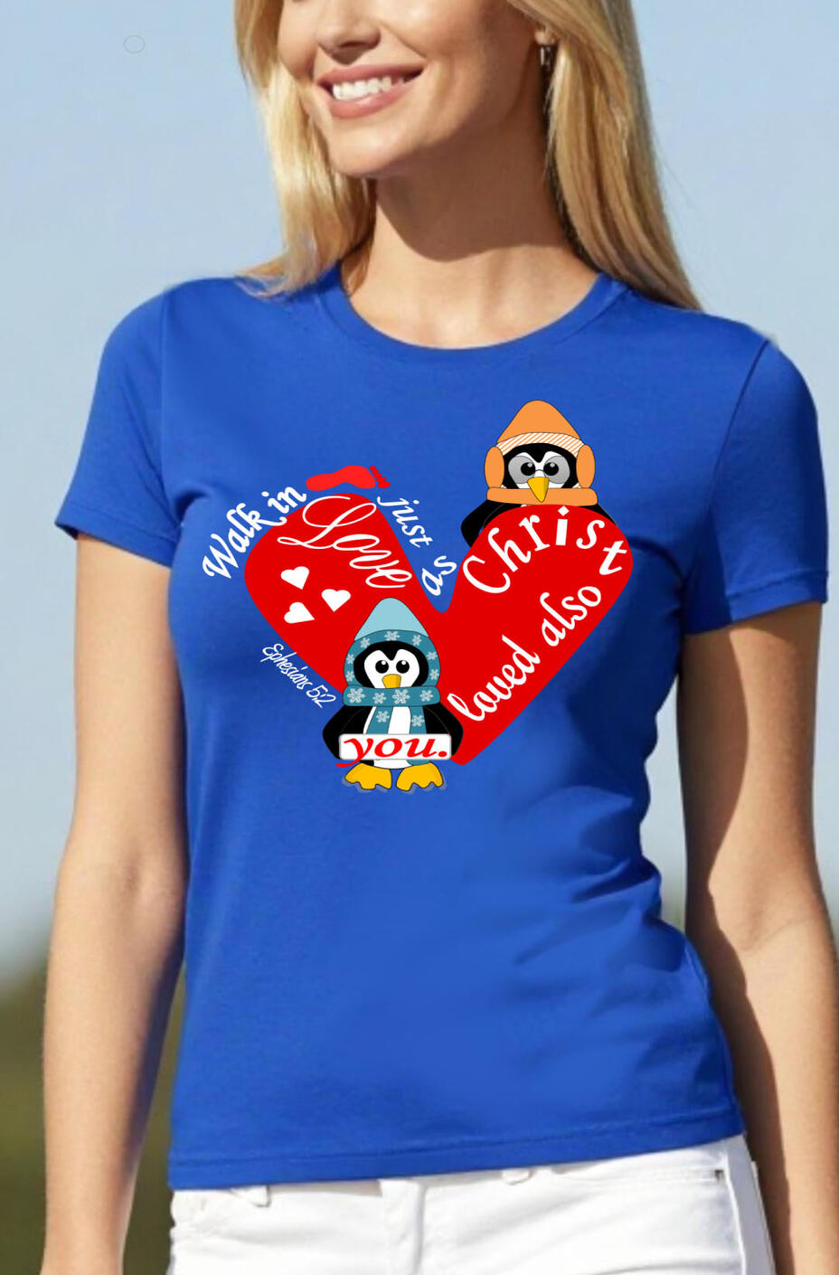 Walk In Love As Christ Also Loved you Christian T-shirt, featuring a heart with two penguins dressed in hoods.
