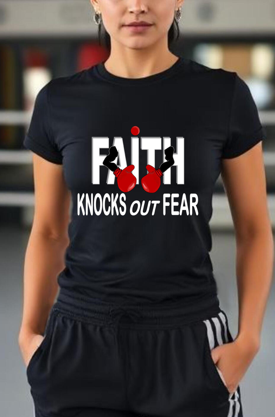 Faith Knocks Out Fear Christian T-shirt, featuring red boxing gloves.