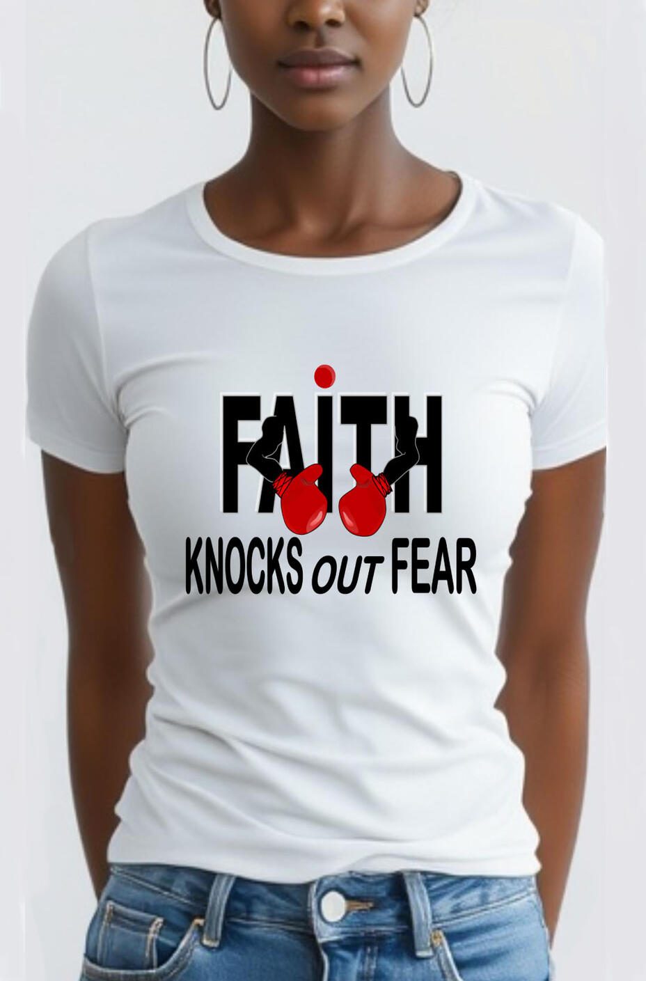 Faith Knocks Out Fear Christian T-shirt, featuring red boxing gloves.