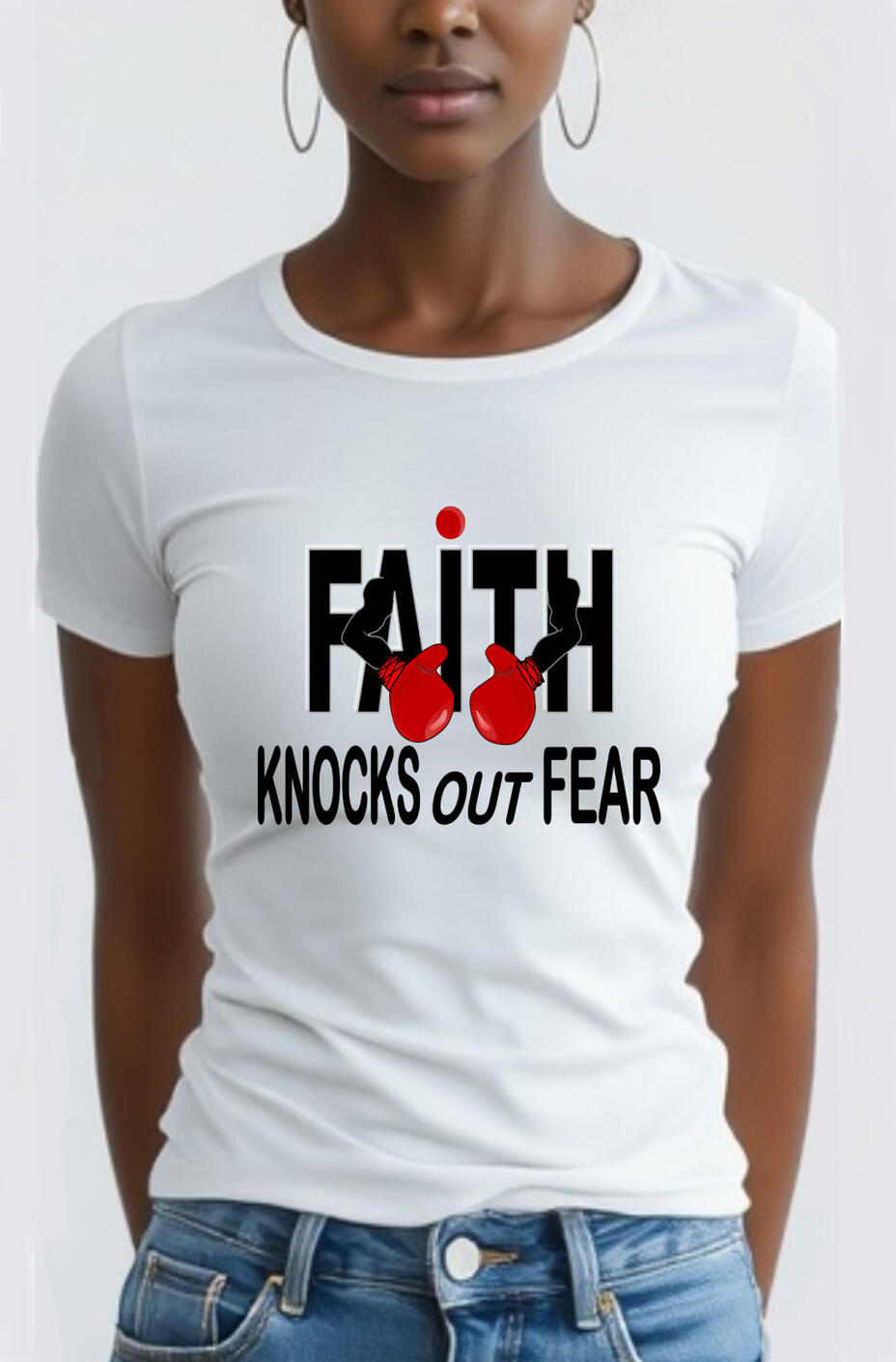 Faith Knocks Out Fear Christian T-shirt, featuring red boxing gloves.