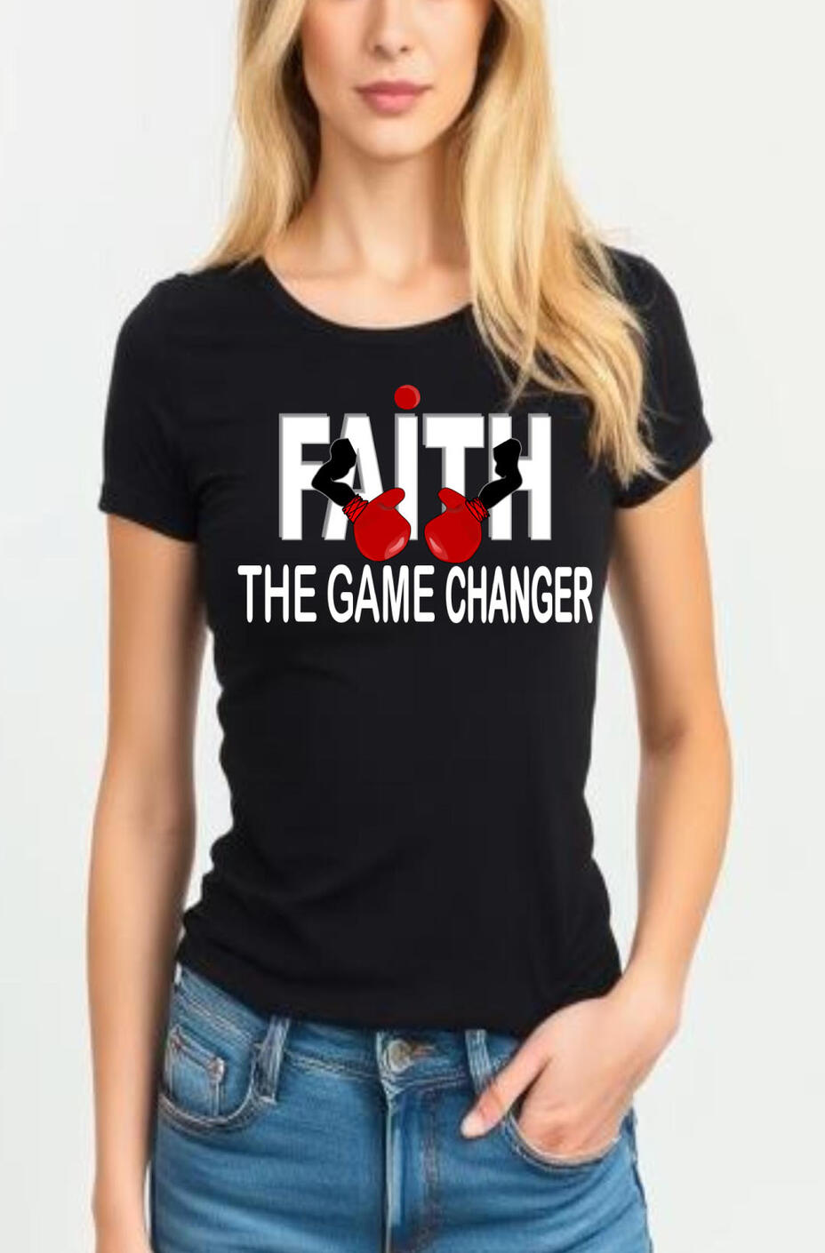 Faith The Game Changer Christian T-shirt, featuring red boxing gloves.