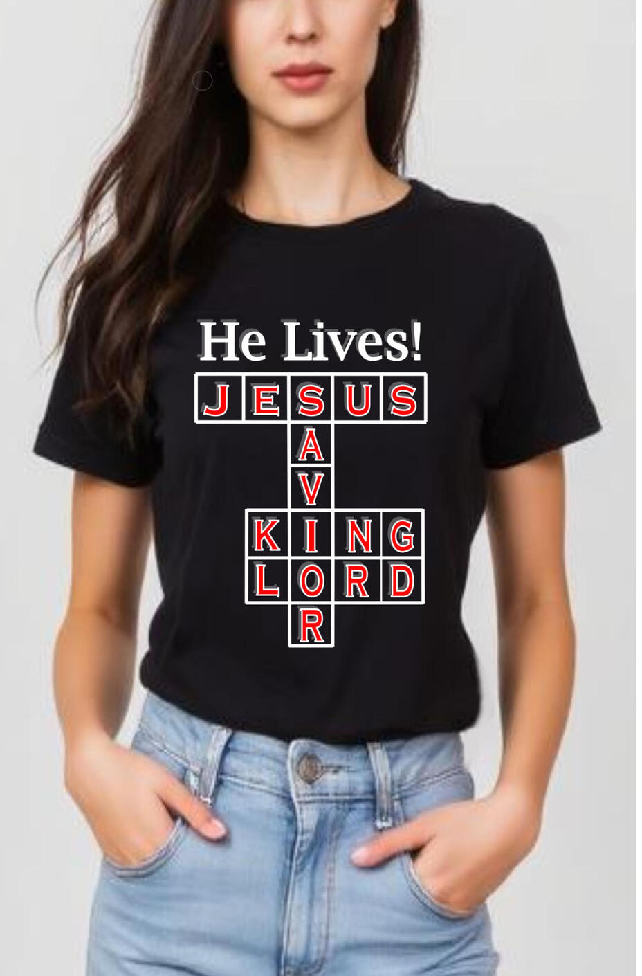 He Lives Crossword Christian T-shirt, featuring a crossword with titles of Christ.