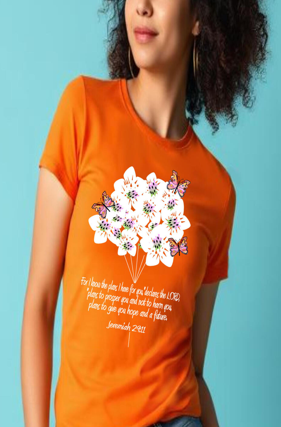 I Know The Plans I Have For You Christian T-shirt, featuring white flowers and butterflies.