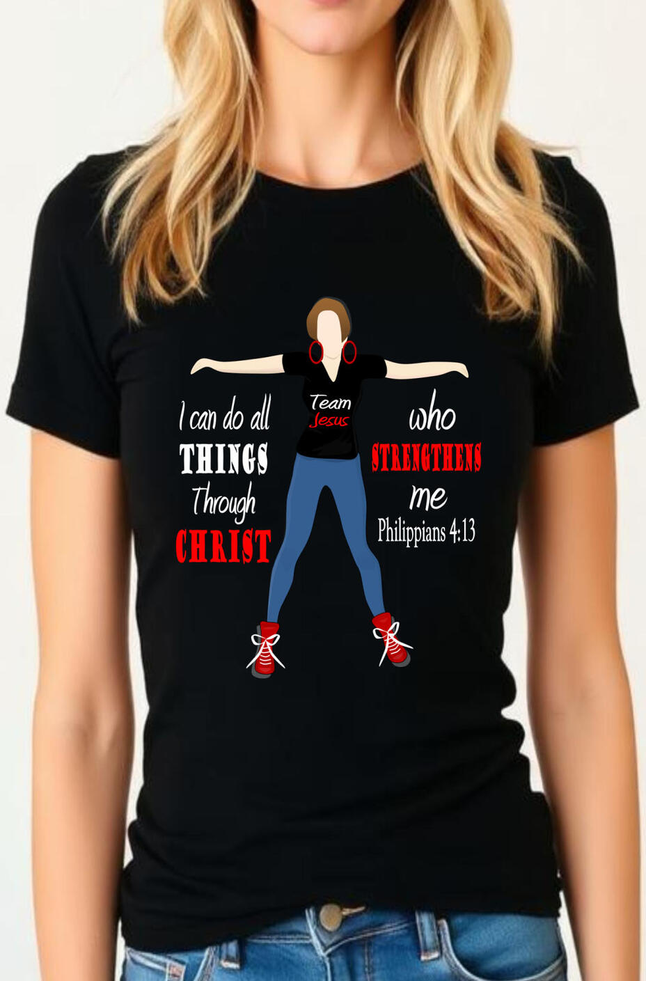 I Can Do All Things Though Christ Who Strengthens Me. Lady with arms outstretched.