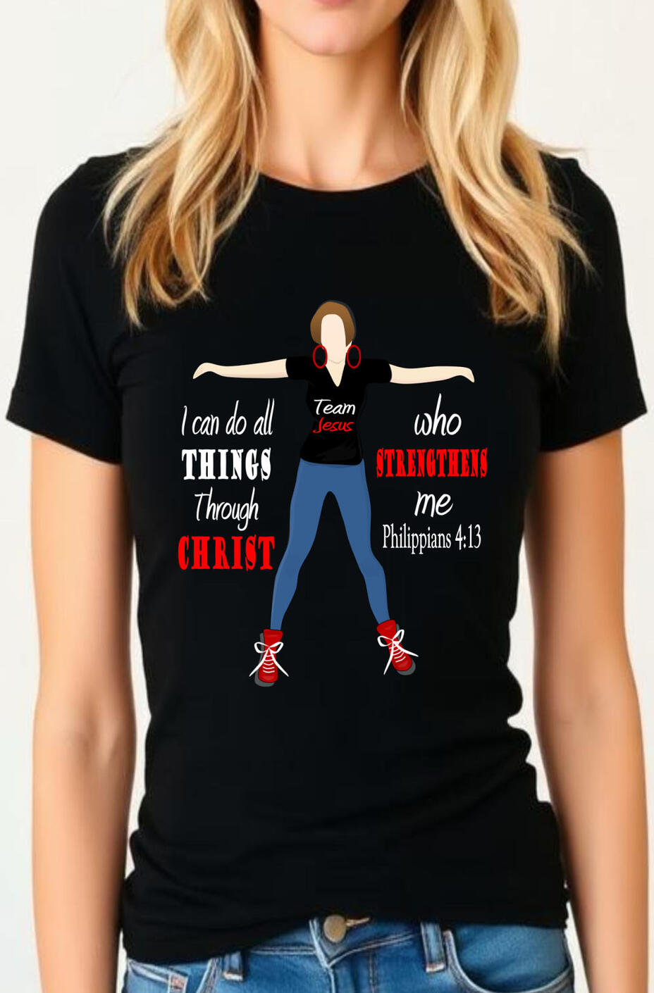 I Can Do All Things Though Christ Who Strengthens Me. Lady with arms outstretched.
