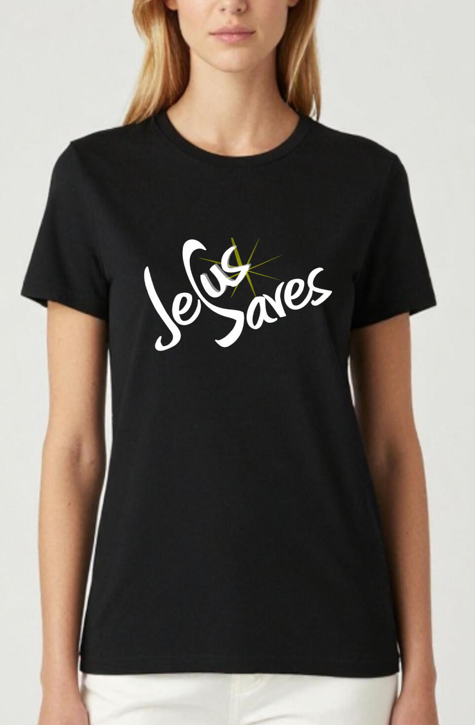 Jesus Saves Women's Christian T-shirt. Featuring a starburst over the "S" in Jesus.