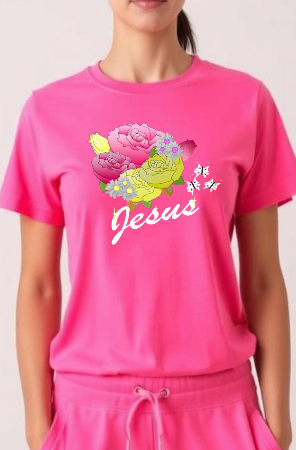 Jesus Bouquet Christian T-shirt. A floral Bouquet of Roses and daisy's with the word Jesus.