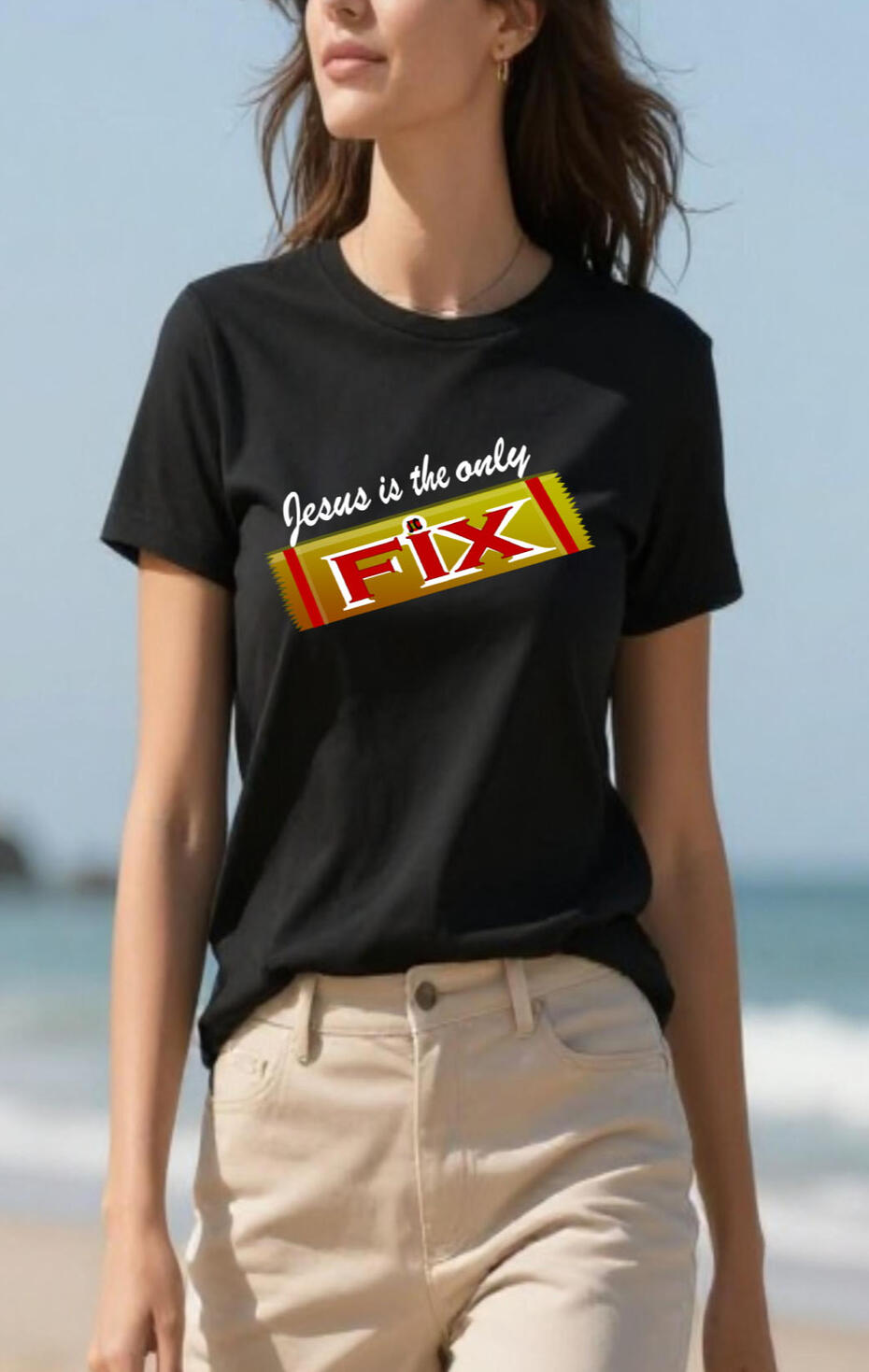 Jesus Is My Only Fix Christian T-shirt. Featuring a funny pun on a candy bar brand.