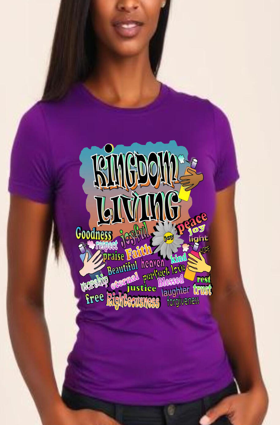 Kingdom Living Christian T-shirt, featuring colorful abstract and word art.