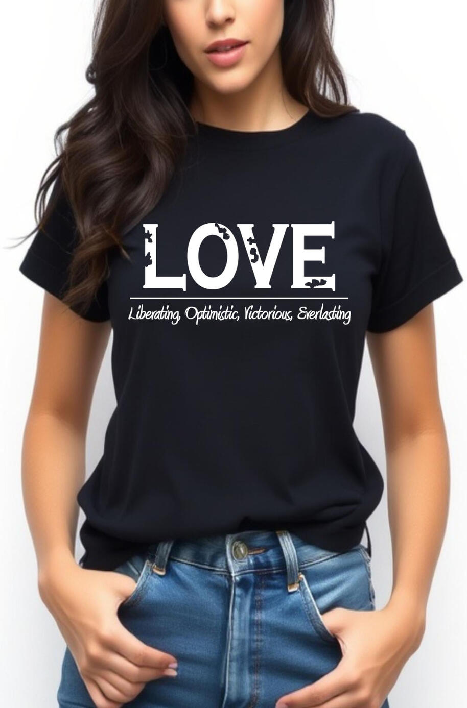 Love Christian T-shirt, features distressed letters in white that spells "LOVE."