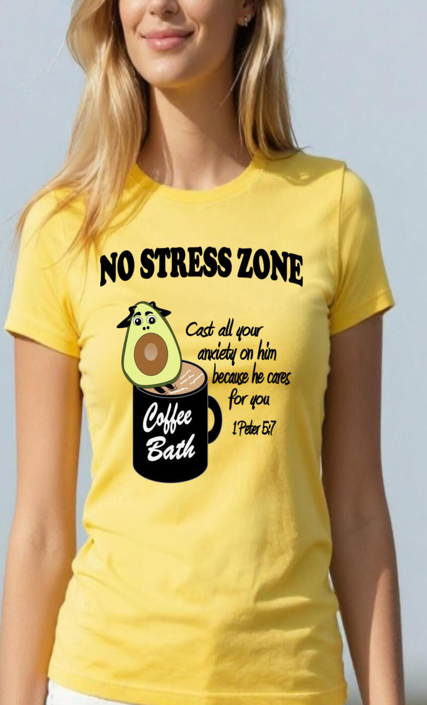 No Stress Zone Christian Inspirational T-shirt. Avocado Cartoon batting in a coffee mug.