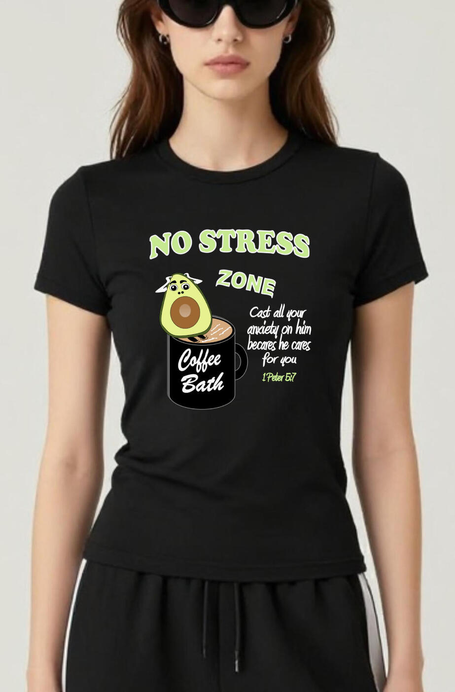 No Stress Zone Christian Inspirational T-shirt. Avocado Cartoon batting in a coffee mug.