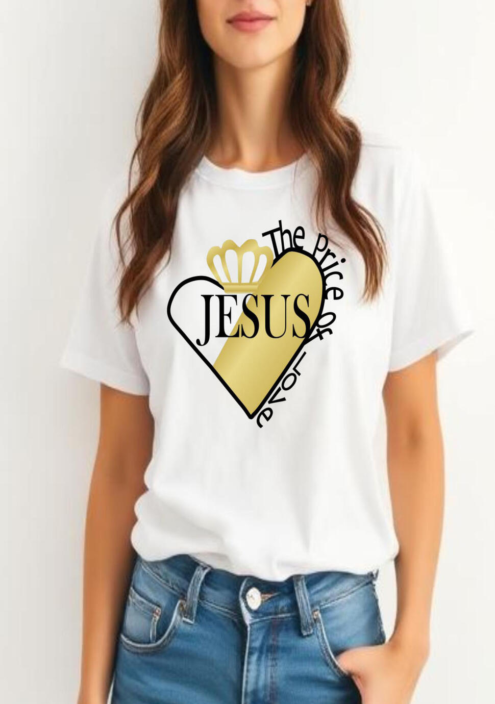 Price of Love Christian T-shirt. Features a Gold filled heart with a gold crown and the word Jesus in the middle of the heart.