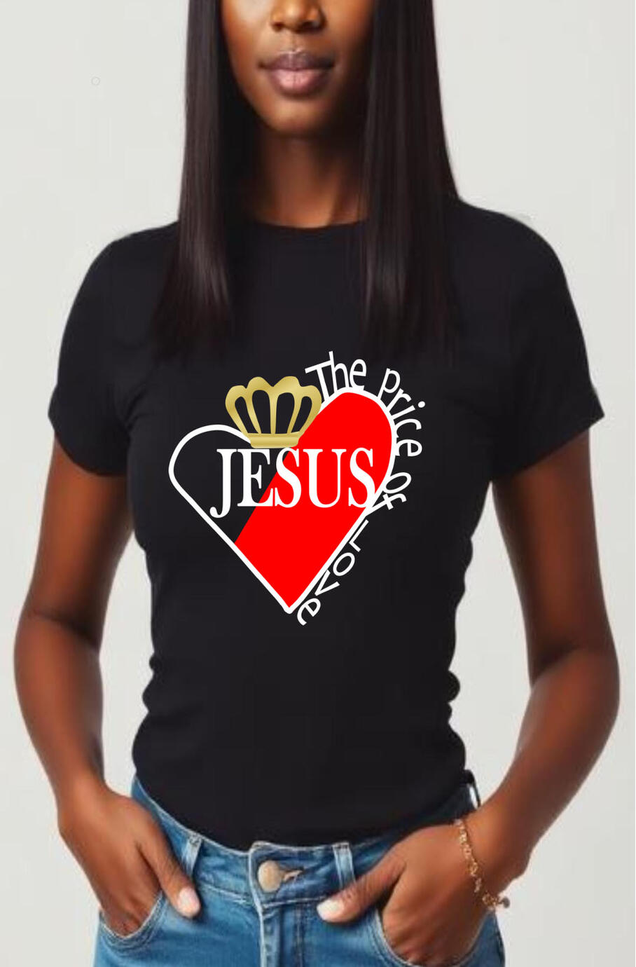 Price of Love Christian T-shirt. Features a Gold filled heart with a gold crown and the word Jesus in the middle of the heart.