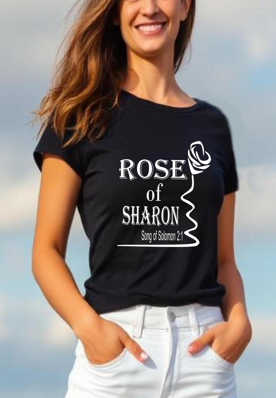 Rose of Sharon Women's Christian T-shirt, featuring a white outline of a rose.
