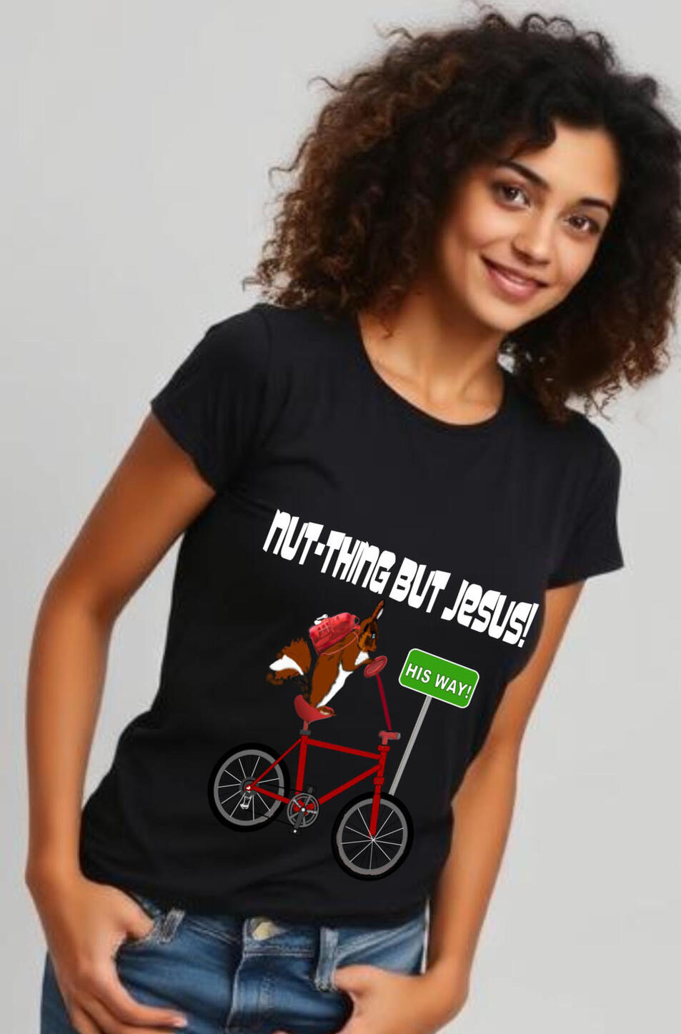Nut-thing but Jesus Christian T-shirt. Squirrel on bicycle with a sign that say's "His Way."