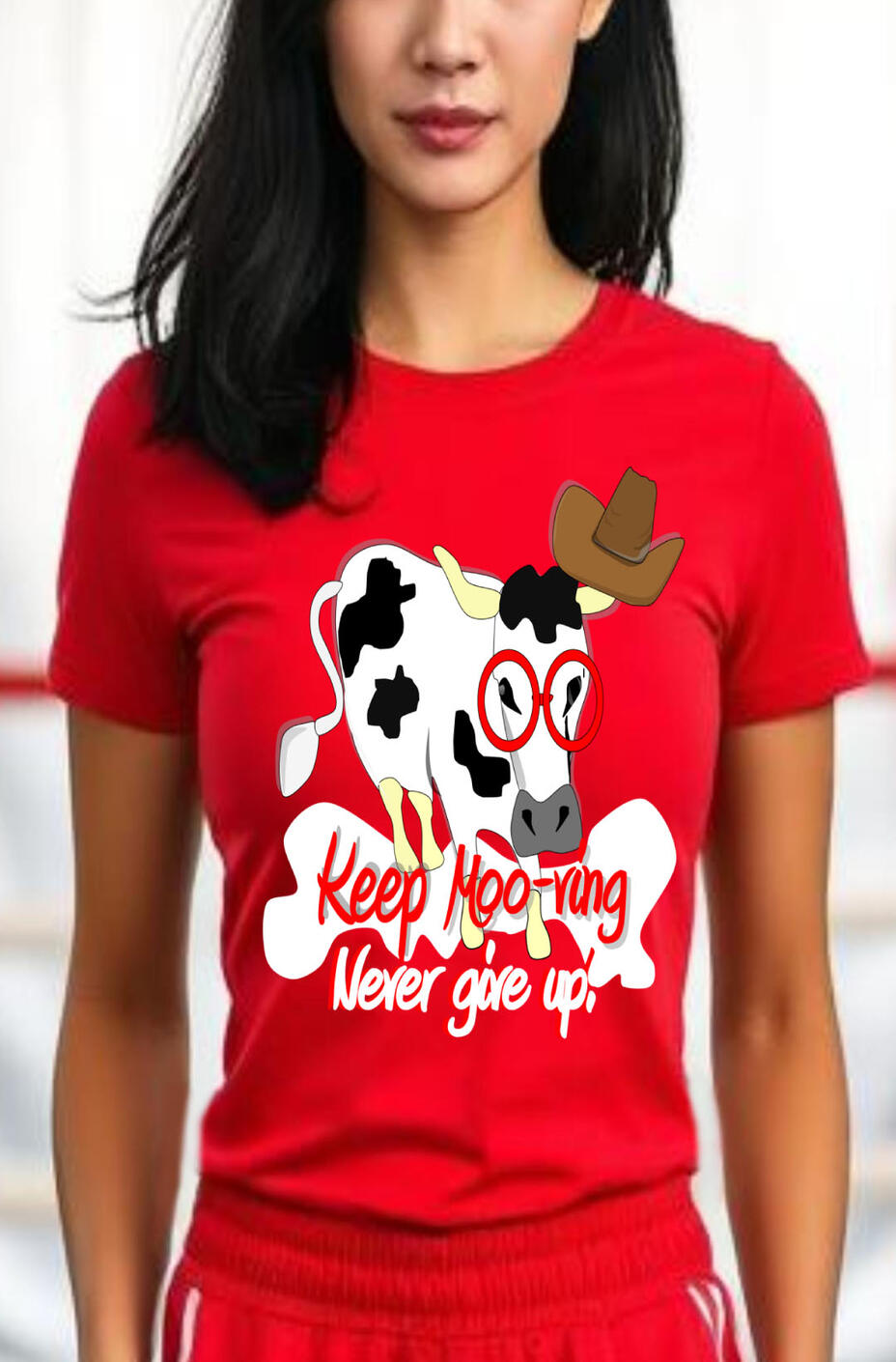 Keep Moo-ving Never Give Up Women's Christian T-shirt. Features a white and black cow with red sun glasses and cowboy hat.
