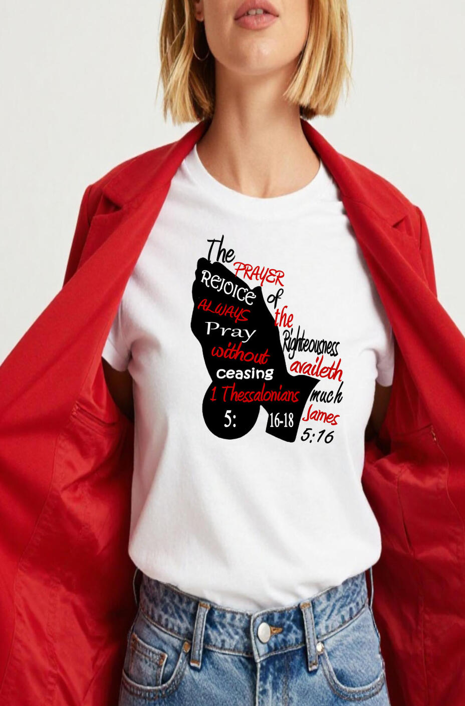 The Prayer of The Righteous Availeth Much Women's Christian T-shirt. Features praying hands silhouette with scriptures.