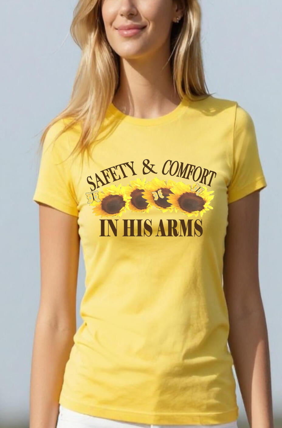 Safety In His Arms Christian T-shirt. Featuring Sunflowers with butterflies.