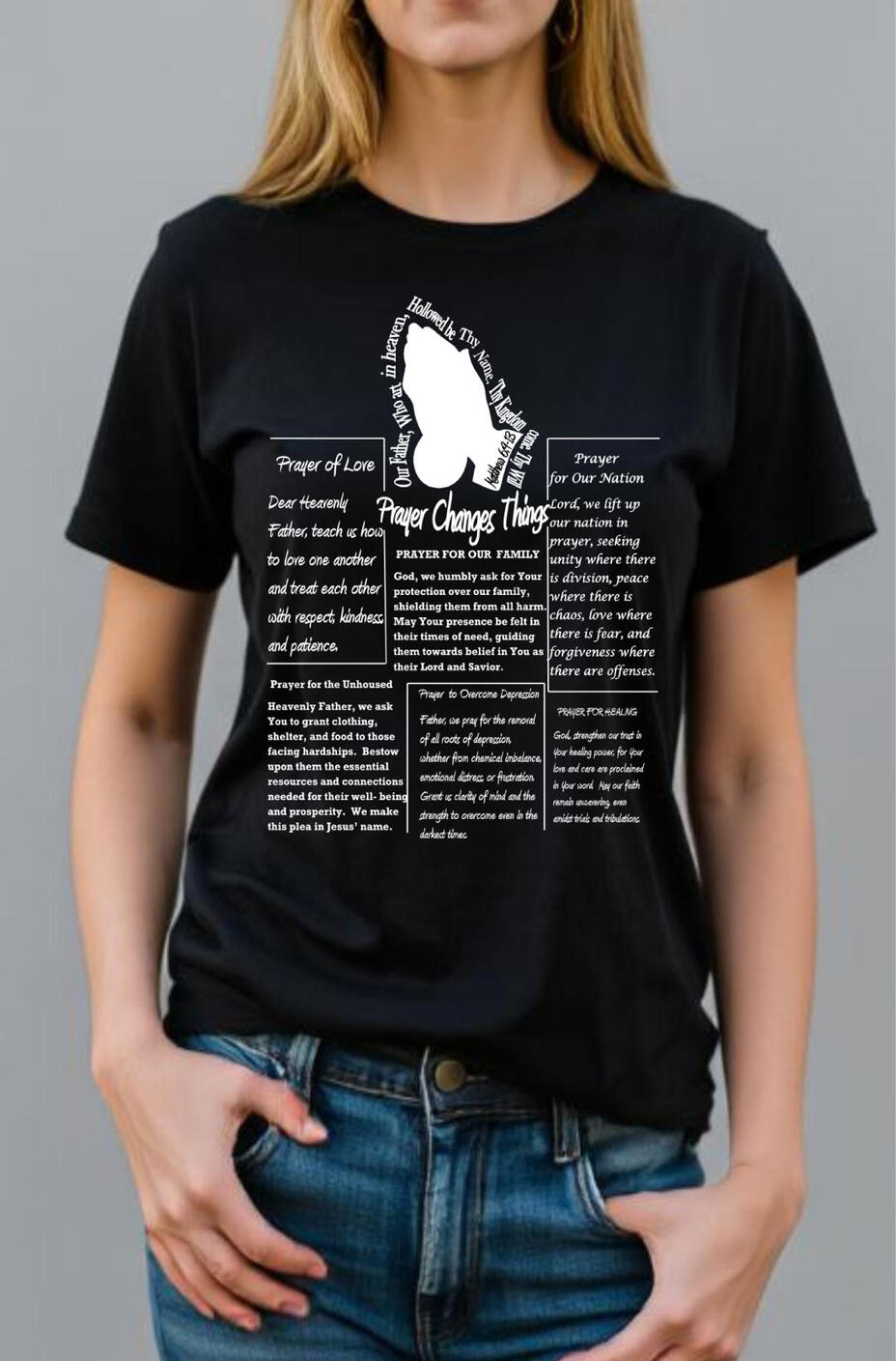 Prayer Changes Things Christian Scripture T-shirt. Features a silhouette of praying hands and a sections of various scriptures,
