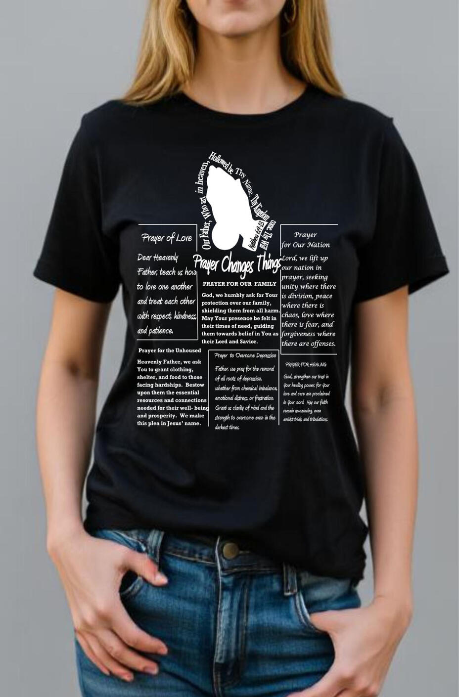 Prayer Changes Things Christian Scripture T-shirt. Features a silhouette of praying hands and a sections of various scriptures,
