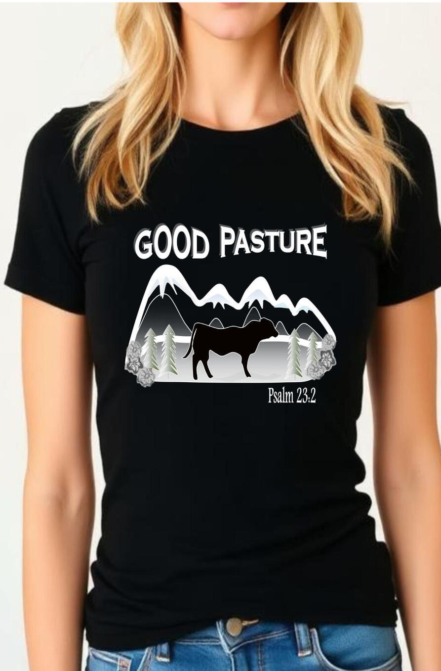 Good Pasture Christian Women's T-shirt. Featuring a white silhouette of a mountain top landscape, flowers, and a cow.