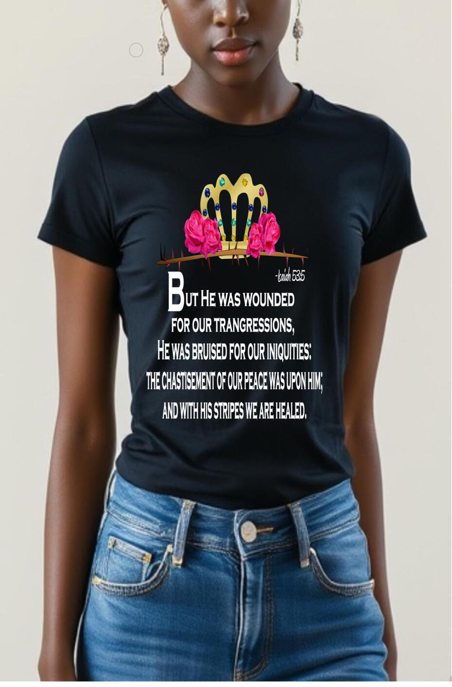 Crown of Thorns Women's T-shirt, featuring a crown and pink roses.