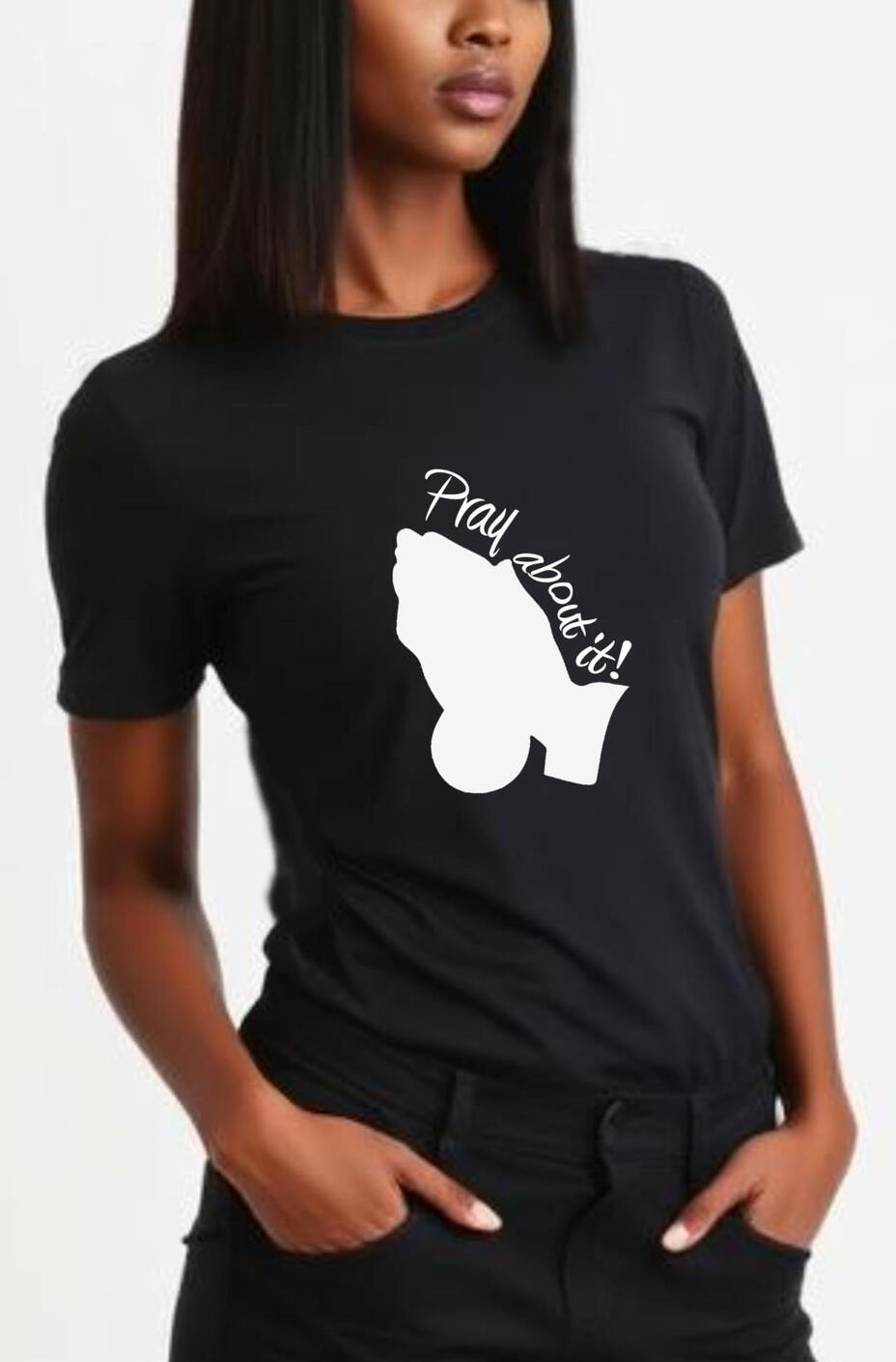 Pray About It! Women's Christian T-shirt, featuring a silhouette of praying hands.