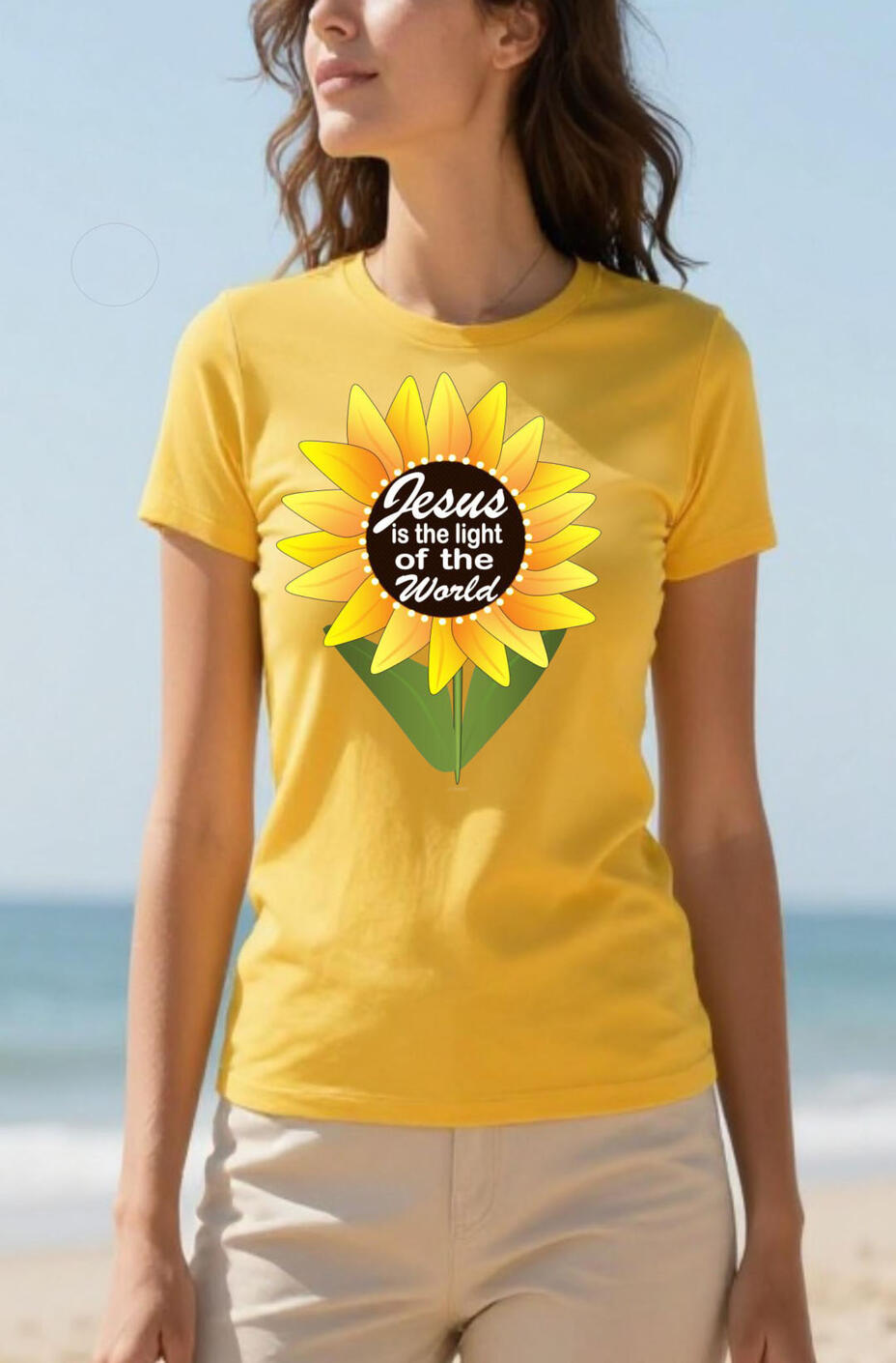 Jesus Is The Light Of The World Women's Christian T-shirt, featuring a big Sunflower with, "Jesus Is the LIght of the World," in the center.